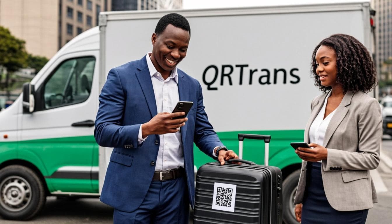 Chauffeur QRTrans scannant un QR code sur une valise avant remise au destinataire